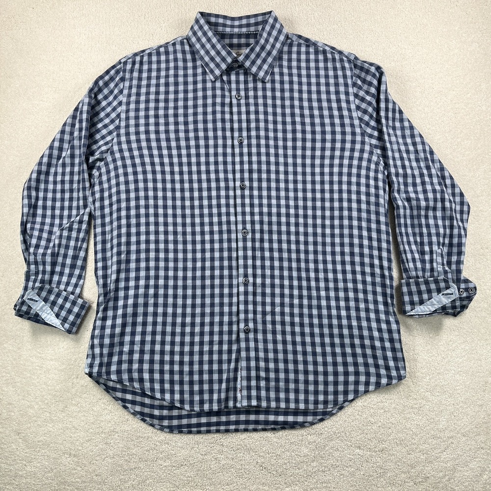 Robert Graham Shirt Men's 43 17 XL Blue Gingham Paisley Flip Cuff Stretch Flaw